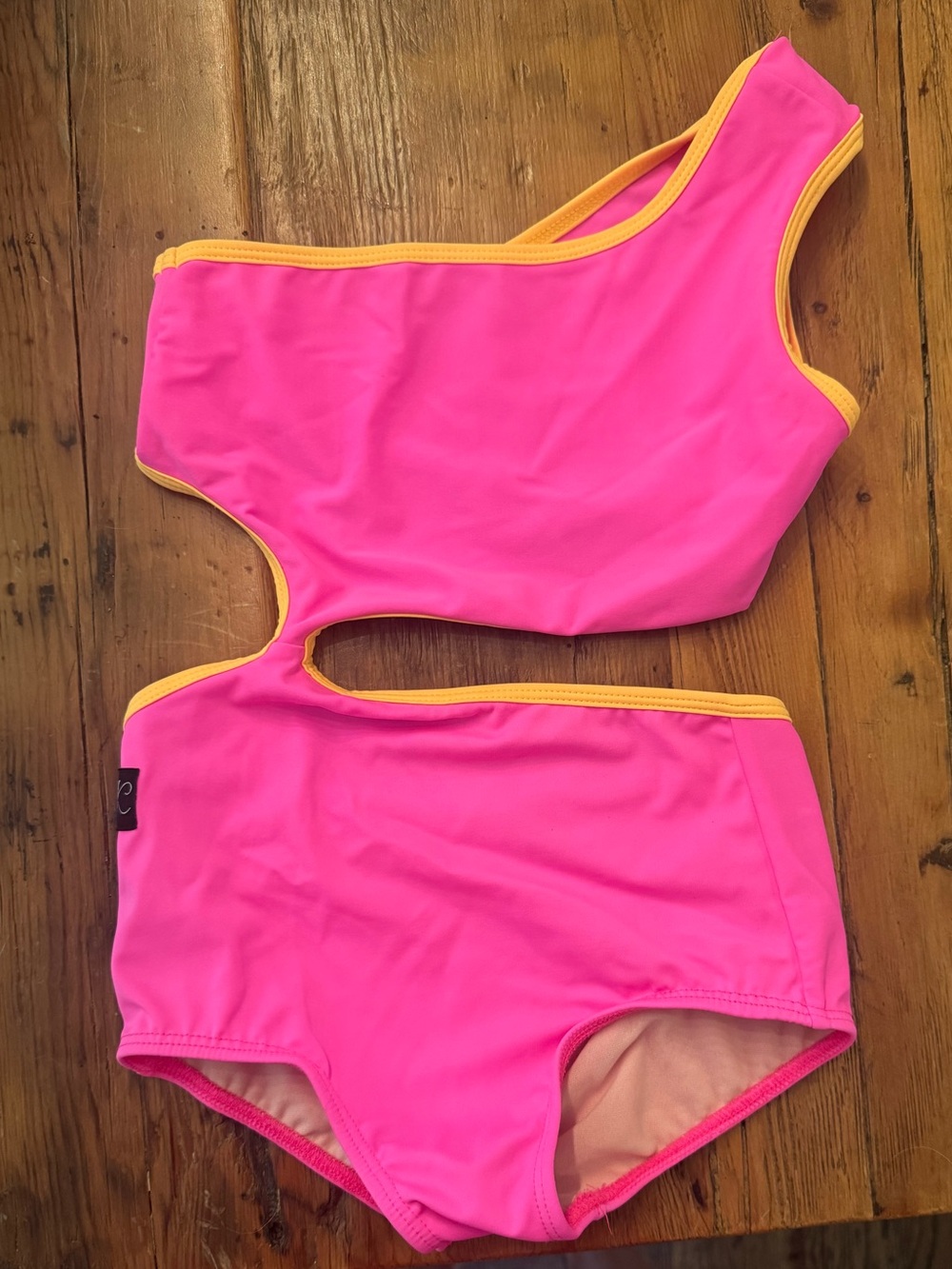 Kids One-Shoulder Cutout Swimsuit in Hot Pink with Yellow Trim